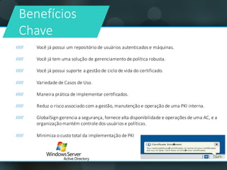 Você	já	possui	um	repositório	de	usuários	autenticados	e	máquinas.
Você	já	tem	uma	solução	de	gerenciamento	de	política	robusta.
Você	já	possui	suporte	a	gestão	de	ciclo	de	vida	do	certificado.
Variedade	de	Casos	de	Uso.
Maneira prática de	implementar	certificados.	
Reduz	o	risco	associado	com	a	gestão,	manutenção	e	operação	de	uma	PKI	interna.	
GlobalSign gerencia	a	segurança,	fornece	alta	disponibilidade	e	operações	de	uma	AC,	e	a	
organização	mantém	controle	dos	usuários	e	políticas.
Minimiza	o	custo	total	da	implementação	de	PKI
Benefícios
Chave
 