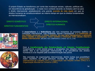 O  imperialismo  e o  federalismo  são dois momentos do processo dialético de unificação internacional, cuja finalidade, aponta Campagnolo ,  é a instituição de um Estado universal, a  civitas  máxima, em que deve desaparecer a oposição entre cidadão e estrangeiro, como também a distinção entre direito interno e direito internacional.  ( KELSEN, Hans; CAMPAGNOLO, Umberto.  Op. cit. , p.109). O próprio Estado se transformou por conta das mudanças sociais, culturais, políticas etc., em decorrência da globalização – e neste novo contexto deverão os Estados abrir-se para o direito internacional, estabelecendo uma grande  avenida de mão dupla  em que os direitos humanos se constitucionalizem ao mesmo tempo em que os direitos fundamentais se internacionalizem.  Com a  transformação dos Estados-Nação em Estados Constitucionais  Cooperativos, o ente estatal passa a obrigações nas relações internacionais, dentre elas a da cooperação internacional, a da prevalência dos direitos humanos e a do respeito pela autodeterminação dos povos. São exemplos de organizações internacionais, dentre outras que possibilitam maior equilíbrio na atual estrutura mundial de poder, a  Organização Internacional do Trabalho (OIT), a Organização das Nações Unidas (ONU) e a Organização Mundial do Comércio (OMC). DIREITO DOMÉSTICO DIREITO INTERNACIONAL DIREITOS HUMANOS DIREITOS FUNDAMENTIAS 