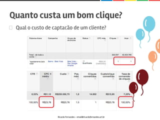 Qual o custo de captacão de um cliente?
Quanto custa um bom clique?
Ricardo Fernandes - email@ricardofernandes.art.br
 
