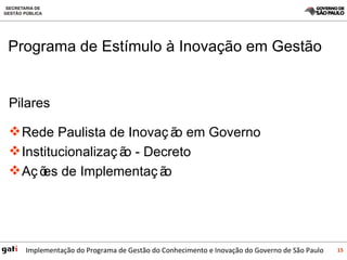 Pilares Rede Paulista de Inovação em Governo Institucionalização - Decreto Ações de Implementação Programa de Estímulo à Inovação em Gestão 