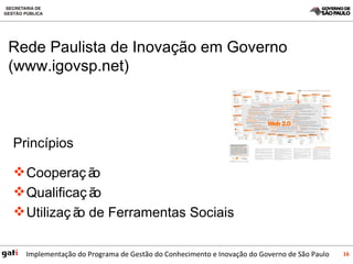 Princípios Cooperação Qualificação Utilização de Ferramentas Sociais Rede Paulista de Inovação em Governo (www.igovsp.net) 