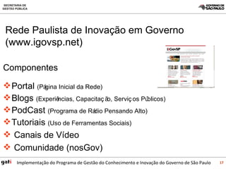 Componentes Portal  (Página Inicial da Rede) Blogs  (Experiências, Capacitação, Serviços Públicos) PodCast  (Programa de Rádio Pensando Alto) Tutoriais  (Uso de Ferramentas Sociais) Canais de Vídeo Comunidade (nosGov) Rede Paulista de Inovação em Governo (www.igovsp.net) 