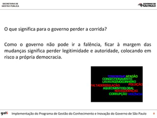 Como o governo não pode ir a falência, ficar à margem das mudanças significa perder legitimidade e autoridade, colocando em risco a própria democracia. O que significa para o governo perder a corrida? 