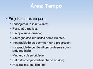 Área: Tempo


    Projetos atrasam por...
    
        Planejamento insuficiente;
    
        Plano não realista;
    
        Escopo subestimado;
    
        Alteração dos requisitos pelos clientes;
    
        Incapacidade de acompanhar o progresso;
    
        Incapacidade de identificar problemas com
        antecedência;
    
        Mudança de prioridade;
    
        Falta de comprometimento da equipe;
    
        Pessoal não qualificado;
 