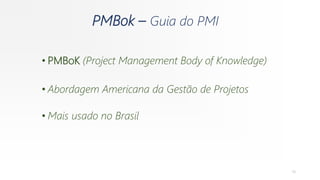 PMBok – Guia do PMI
• PMBoK (Project Management Body of Knowledge)
• Abordagem Americana da Gestão de Projetos
• Mais usado no Brasil
14
 