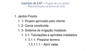 Exemplo de EAP – Projeto de um Jardim
- Representação na forma de Lista
28
 