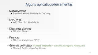 Alguns aplicativos/ferramentas
• Mapas Mentais
• FreeMind, XMind, MindMaple, GoConqr
• EAP / WBS
• WBS Chart Pro, MindMaple
• Diagramas diversos
• MS Visio, Draw.io
• Finanças
• MS Excel, Calculadora HP12c
• Gerencia de Projetos (Funcões Integradas - Calendário, Cronograma, Planilhas, etc.)
• Microsoft Project, OpenProj, Planner
39
 