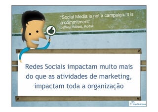 ign. It is
           “Social Media is not a campa
           a commitment”
           Jeffrey Hazlett, Kodak




Redes Sociais impactam muito mais
do que as atividades de marketing,
   impactam toda a organização
 