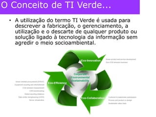 O Conceito de TI Verde...A utilização do termo TI Verde é usada para descrever a fabricação, o gerenciamento, a utilização e o descarte de qualquer produto ou solução ligado à tecnologia da informação sem agredir o meio socioambiental. 