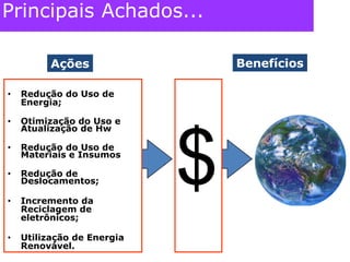 Principais Achados...$BenefíciosAçõesRedução do Uso de Energia;Otimização do Uso e Atualização de Hw Redução do Uso de Materiais e InsumosRedução de Deslocamentos;Incremento da Reciclagem de eletrônicos;Utilização de Energia Renovável.