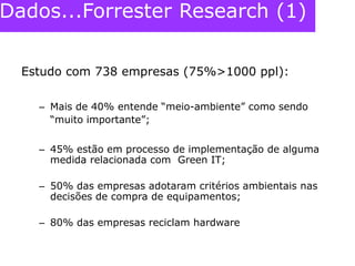 Dados...Forrester Research (1)Estudo com 738 empresas (75%>1000 ppl):Mais de 40% entende “meio-ambiente” como sendo “muito importante”;45% estão em processo de implementação de alguma medida relacionada com  Green IT;50% das empresas adotaram critérios ambientais nas decisões de compra de equipamentos;80% das empresas reciclam hardware 