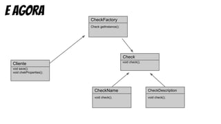 e agora
vod save();
void chekProperties();
Cliente
Check getInstance();
CheckFactory
void check();
Check
void check();
CheckName
void check();
CheckDescription
 