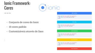 Ionic Framework:
Cores
- Conjunto de cores do Ionic
- 10 cores padrão
- Customizáveis através de Sass
 