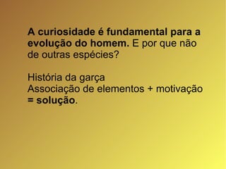 A curiosidade é fundamental para a evolução do homem.  E por que não de outras espécies? História da garça Associação de elementos + motivação  = solução .  