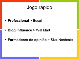 Jogo rápido Professional  > Becel Blog Influence  > Wal Mart Formadores de opinião  > Skol Nordeste 