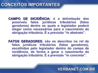 CONCEITOS IMPORTANTES CAMPO DE INCIDÊNCIA : é a delimitação dos possíveis fatos jurídicos tributários (fatos geradores) dentre os quais o legislador poderá eleger como necessários para o nascimento da obrigação tributária. É a previsão “in abstrato”. FATOS GERADORES : são os descritos no rol de fatos jurídicos tributários (fatos geradores), escolhidos pelo legislador dentro do campo de incidência, de forma a gerar o nascimento da obrigação tributária. É a previsão “in concreto”. VERBANET.COM.BR 