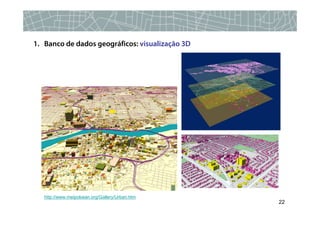 1. Banco de dados geográficos: visualização 3D




   http://www.meipokwan.org/Gallery/Urban.htm
                                                 22
 