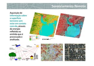 Sensoriamento Remoto
Aquisição de
informação sobre
a superfície
terrestre sem
estar em contato
com ela, através
da energia
refletida ou
emitida que é
processada e
analisada.




                                    6
 