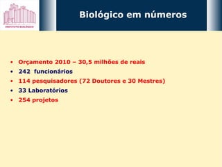 Orçamento 2010 – 30,5 milhões de reais 242  funcionários 114 pesquisadores (72 Doutores e 30 Mestres) 33 Laboratórios 254 projetos Biológico em números 