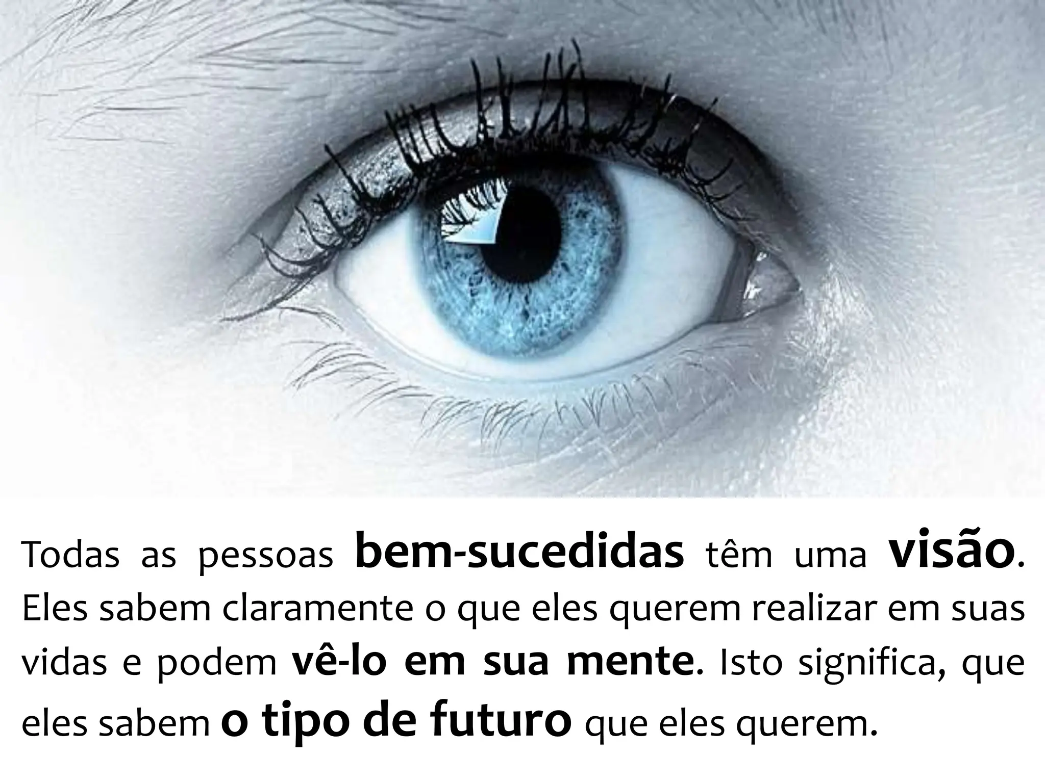 Todas as pessoas bem-sucedidas têm uma visão.
Eles sabem claramente o que eles querem realizar em suas
vidas e podem vê-lo em sua mente. Isto significa, que
eles sabem o tipo de futuro que eles querem.
 
