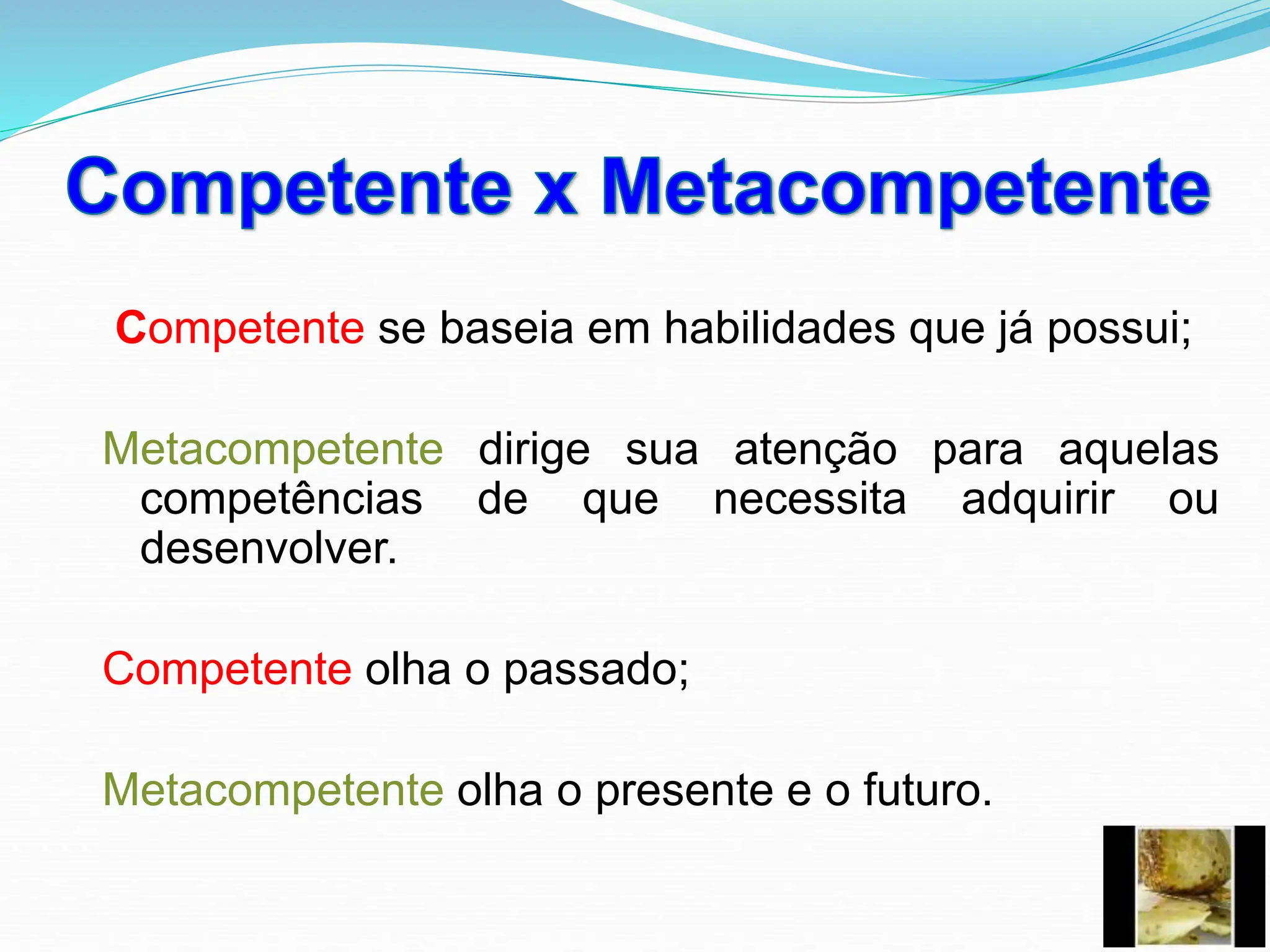 Competente se baseia em habilidades que já possui;
Metacompetente dirige sua atenção para aquelas
competências de que necessita adquirir ou
desenvolver.
Competente olha o passado;
Metacompetente olha o presente e o futuro.
 