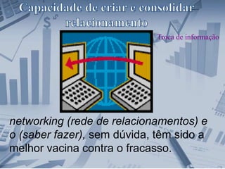 Troca de informação
networking (rede de relacionamentos) e
o (saber fazer), sem dúvida, têm sido a
melhor vacina contra o fracasso.
 