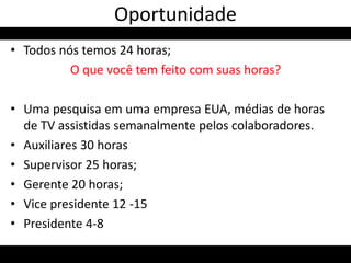 • Todos nós temos 24 horas;
O que você tem feito com suas horas?
• Uma pesquisa em uma empresa EUA, médias de horas
de TV assistidas semanalmente pelos colaboradores.
• Auxiliares 30 horas
• Supervisor 25 horas;
• Gerente 20 horas;
• Vice presidente 12 -15
• Presidente 4-8
Oportunidade
 