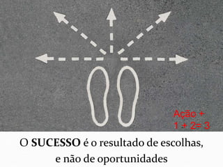 O SUCESSO é o resultado de escolhas,
e não de oportunidades
Ação +
1 + 2= 3
 