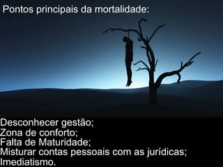 Desconhecer gestão;
Zona de conforto;
Falta de Maturidade;
Misturar contas pessoais com as jurídicas;
Imediatismo.
Pontos principais da mortalidade:
 