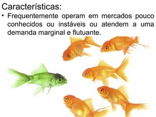 Características:
• Frequentemente operam em mercados pouco
conhecidos ou instáveis ou atendem a uma
demanda marginal e flutuante.
 