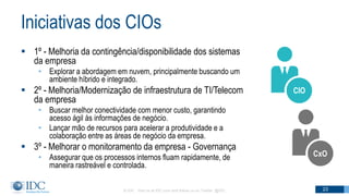 Iniciativas dos CIOs
 1º - Melhoria da contingência/disponibilidade dos sistemas
da empresa
• Explorar a abordagem em nuvem, principalmente buscando um
ambiente híbrido e integrado.
 2º - Melhoria/Modernização de infraestrutura de TI/Telecom
da empresa
• Buscar melhor conectividade com menor custo, garantindo
acesso ágil às informações de negócio.
• Lançar mão de recursos para acelerar a produtividade e a
colaboração entre as áreas de negócio da empresa.
 3º - Melhorar o monitoramento da empresa - Governança
• Assegurar que os processos internos fluam rapidamente, de
maneira rastreável e controlada.
© IDC Visit us at IDC.com and follow us on Twitter: @IDC 23
CIO
CxO
 
