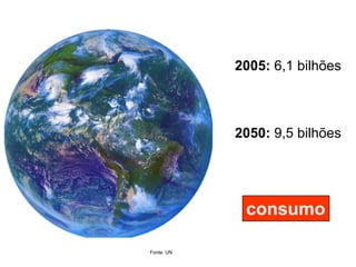 2005: 6,1 bilhões2050: 9,5 bilhõesconsumoFonte: UN