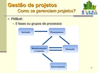 16
 PMBoK:
 5 fases ou grupos de processos
Gestão de projetos
Como se gerenciam projetos?
 