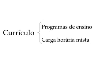 Currículo
Programas de ensino
Carga horária mista
 