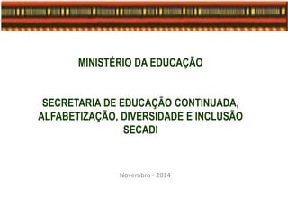 MINISTÉRIO DA EDUCAÇÃO
SECRETARIA DE EDUCAÇÃO CONTINUADA,
ALFABETIZAÇÃO, DIVERSIDADE E INCLUSÃO
SECADI
Novembro - 2014
 