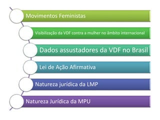Movimentos Feministas 
Visibilização da VDF contra a mulher no âmbito internacional 
Dados assustadores da VDF no Brasil 
Lei de Ação Afirmativa 
Natureza jurídica da LMP 
Natureza Jurídica da MPU 
 