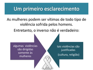 As mulheres podem ser vítimas de todo tipo de 
violência sofrida pelos homens. 
Entretanto, o inverso não é verdadeiro: 
algumas violências 
são dirigidas 
somente às 
mulheres 
tais violências são 
justificadas 
(cultura, religião) 
 