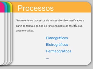 Processos Geralmente os processos de impressão são  classificados a partir da forma e do tipo de funcionamento da  matriz  que cada um utiliza. Planográficos Eletrográficos Permeográficos ... 