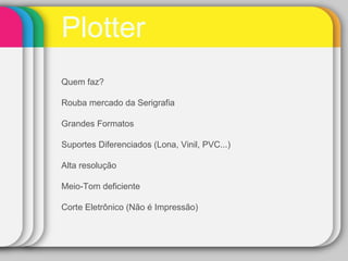Plotter Quem faz? Rouba mercado da Serigrafia Grandes Formatos Suportes Diferenciados (Lona, Vinil, PVC...) Alta resolução Meio-Tom deficiente Corte Eletrônico (Não é Impressão) 