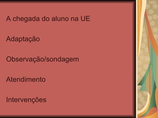 A chegada do aluno na UE Adaptação Observação/sondagem Atendimento Intervenções 