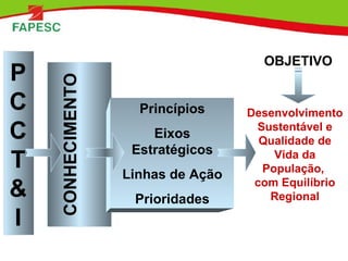 PCC T & I CONHECIMENTO Princípios Eixos Estratégicos Linhas de Ação Prioridades OBJETIVO Desenvolvimento Sustentável e Qua...