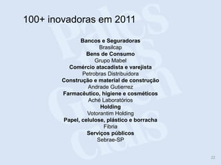 100+ inovadoras em 2011

             Bancos e Seguradoras
                     Brasilcap
                Bens de Consumo
                   Grupo Mabel
         Comércio atacadista e varejista
              Petrobras Distribuidora
       Construção e material de construção
                Andrade Gutierrez
       Farmacêutico, higiene e cosméticos
                Aché Laboratórios
                     Holding
                Votorantim Holding
       Papel, celulose, plástico e borracha
                      Fibria
                Serviços públicos
                    Sebrae-SP


                                              22
 