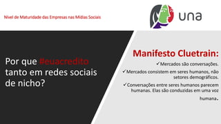 Nível de Maturidade das Empresas nas Mídias Sociais
Por que #euacredito
tanto em redes sociais
de nicho?
Manifesto Cluetrain:
✓Mercados são conversações.
✓Mercados consistem em seres humanos, não
setores demográficos.
✓Conversações entre seres humanos parecem
humanas. Elas são conduzidas em uma voz
humana.
 
