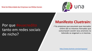 Nível de Maturidade das Empresas nas Mídias Sociais
Por que #euacredito
tanto em redes sociais
de nicho?
Manifesto Cluetrain:
✓As empresas que assumem que mercados
online são os mesmos mercados que
costumavam assistir seus anúncios na
televisão se enganam a si mesmas.
http://www.cluetrain.com/portuguese/
 
