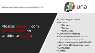 Nível de Maturidade das Empresas nas Mídias Sociais
Nossos desafios com
comunicação no
ambiente digital:
✓Cultura Organizacional
✓Recursos:
✓Humanos
✓Tempo
✓Financeiros
✓Conhecimento técnico
✓Produção de conteúdo alinhado
com os objetivos de negócio
✓Alcance (orgânico de preferência!)
✓Merecer a atenção das pessoas
✓Mensuração
✓Outros...
 