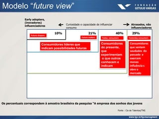 Modelo “future view”
               Early adopters,
               (inovadores)
                                             Curiosidade e capacidade de influenciar                  Atrasados, não
               influenciadores
                                             consumo                                                  influenciadores

                                     10%                        21%                    40%             29%
                   Future shapers
                                                          Future makers    Today consumers         Yesterday consumers


                             Consumidores líderes que                     Consumidores              Consumidores
                             indicam possibilidades futuras               do presente,              que sentem
                                                                          que                       saudades do
                                                                          experimentam              passado e
                                                                           o que outros             exercem
                                                                          conhecem e                menos
                                                                          indicam                   influência s
                                                                                                    obre o
                                                                                                    mercado




Os percentuais correspondem à amostra brasileira da pesquisa “A empresa dos sonhos dos jovens

                                                                                         Fonte : Cia de Talentos/TNS
 
