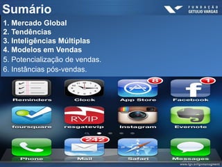 Sumário
1. Mercado Global
2. Tendências
3. Inteligências Múltiplas
4. Modelos em Vendas
5. Potencialização de vendas.
6. Instâncias pós-vendas.
 