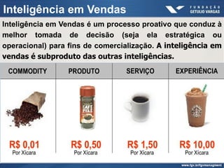 Inteligência em Vendas
Inteligência em Vendas é um processo proativo que conduz à
melhor tomada de decisão (seja ela estratégica ou
operacional) para fins de comercialização. A inteligência em
vendas é subproduto das outras inteligências.
 