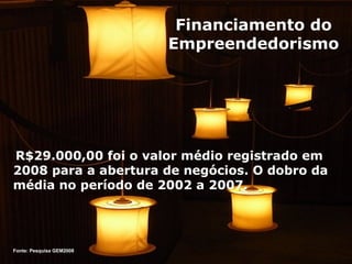 Financiamento do Empreendedorismo R$29.000,00 foi o valor médio registrado em 2008 para a abertura de negócios. O dobro da média no período de 2002 a 2007. Fonte: Pesquisa GEM2008 