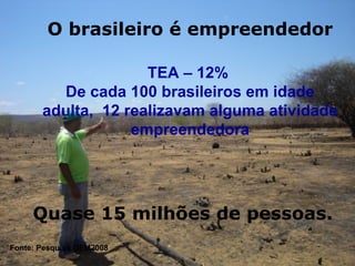 O brasileiro é empreendedor TEA – 12%  De cada 100 brasileiros em idade adulta,  12 realizavam alguma atividade empreendedora Quase 15 milhões de pessoas. Fonte: Pesquisa GEM2008 